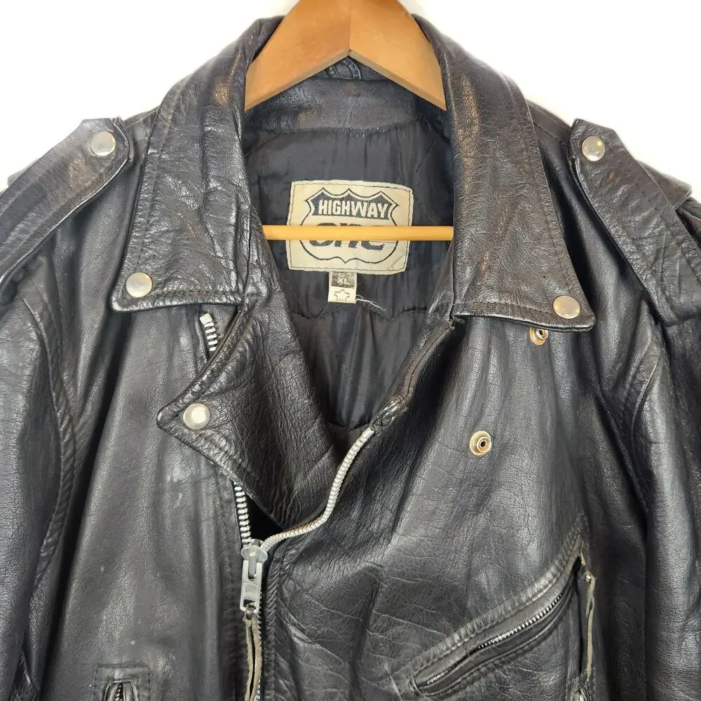Highway One Harley Davidson Vintage Black Leather Moto Motorcycle Jacket XL